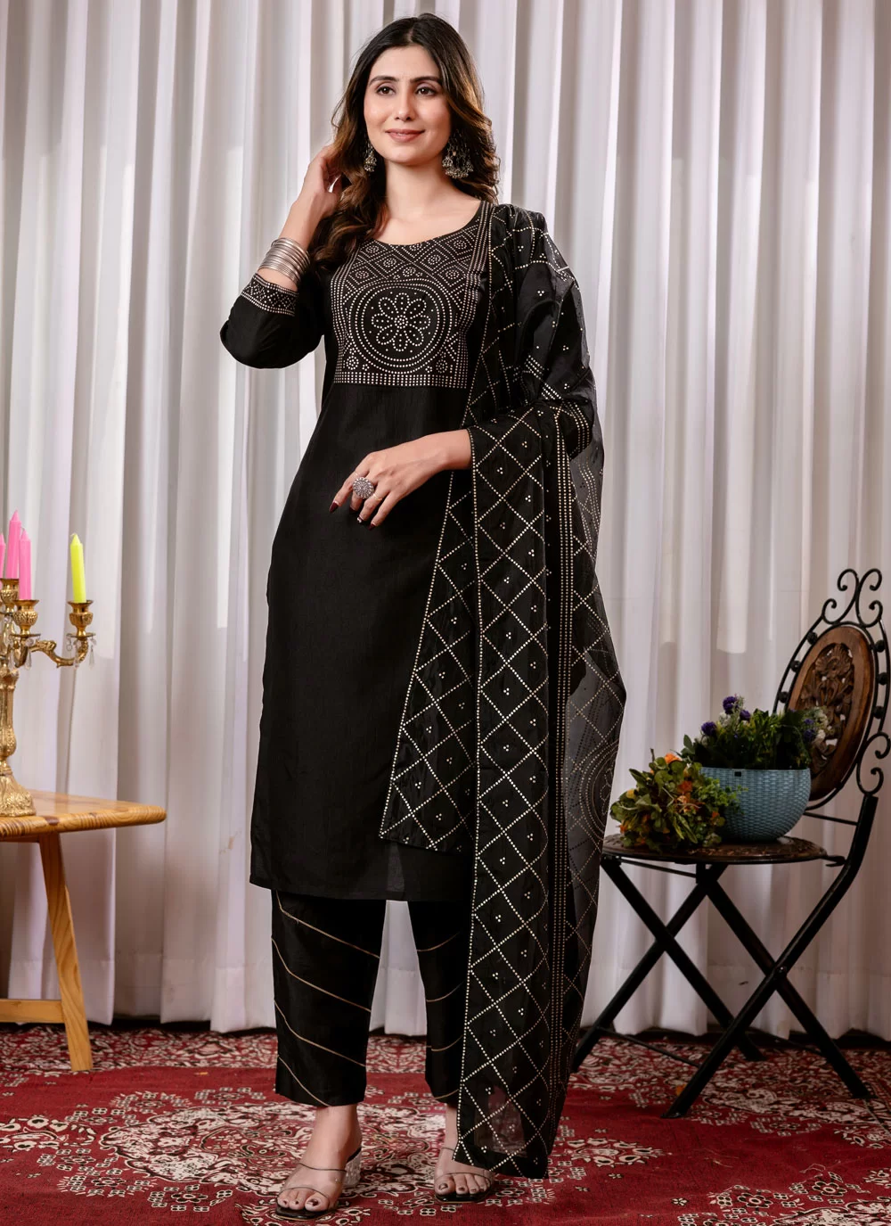 Black Chinon Pant Style Suit With Foil Print